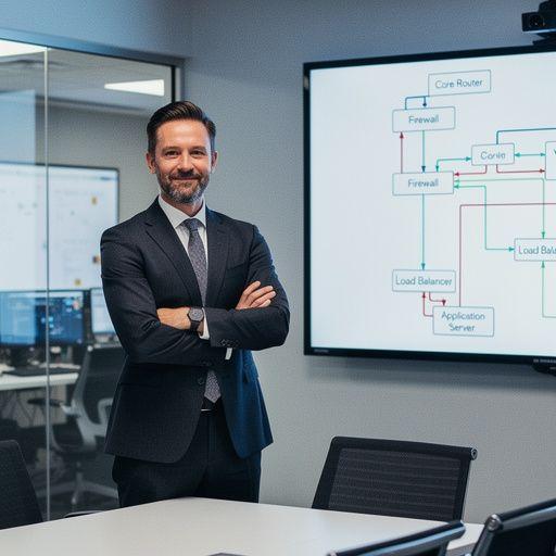 Ein Bild eines Experten, der einen Vortrag über Penetrationstests hält, mit Grafiken im Hintergrund.